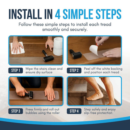 Clear Non Slip Stair Treads for Wooden Steps Indoor (20 Pack) - 30” x 6” Wide Transparent Peel and Stick Stair Treads Non Slip, Indoor Safety Strips for Wood Stairs, Stair Grips for Elderly and Pets
