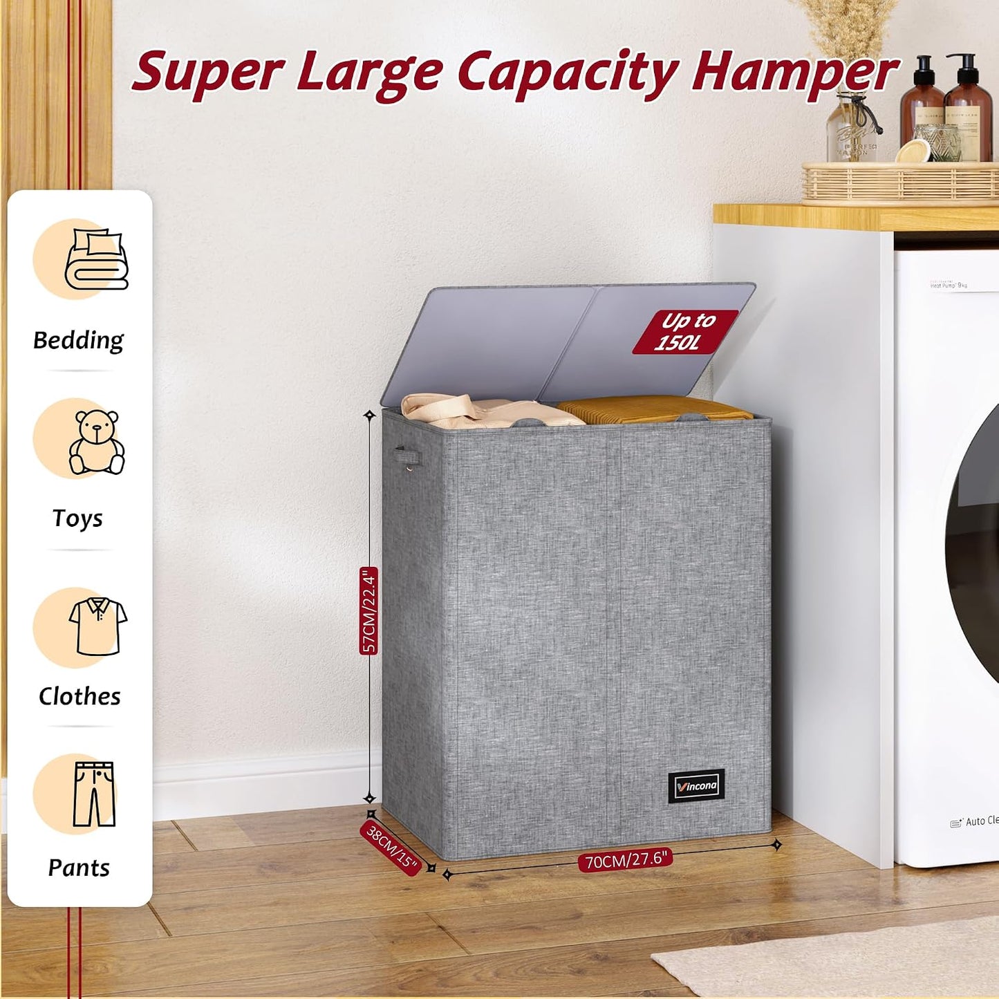 195L Laundry Hamper 3 Section,Large Laundry Hamper with Lid,Dirty Clothes Hamper with 3 Inner Bags,Collapsible Laundry Basket Organizer for Laundry Room,Bedroom,Laundry Sorter Hamper 3 Compartment