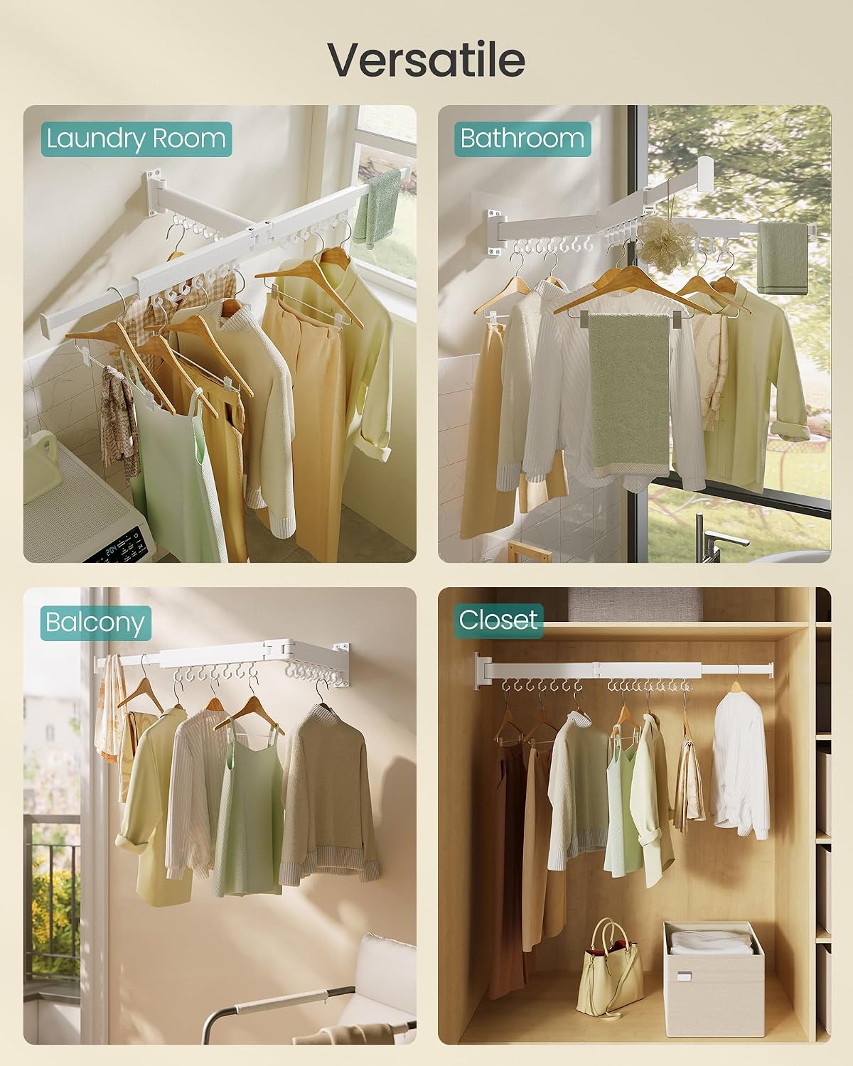 SONGMICS Clothes Drying Rack, Wall-Mounted Laundry Drying Rack, Extendable, Foldable Arms, with 21 Swivel Sliding Hooks, Space-Saving, for Laundry Room, Bathroom, Cloud White ULLR807W01