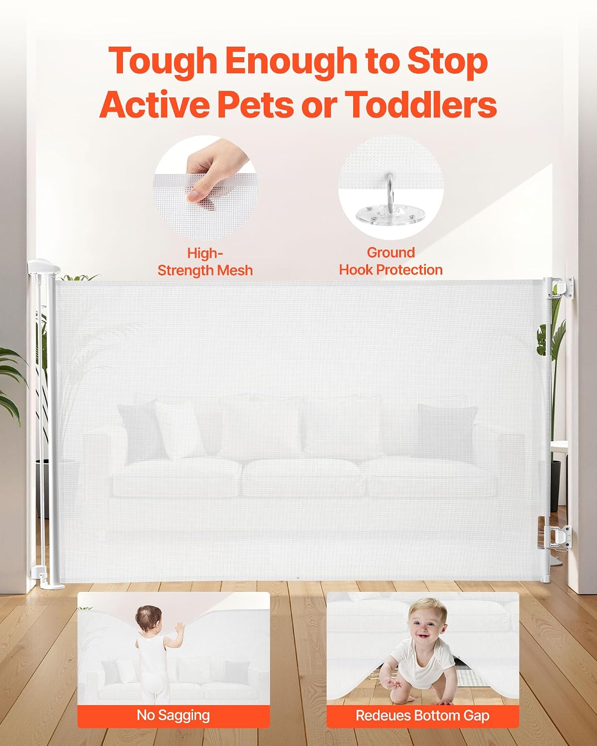 VEVOR Retractable Baby Gate, Extends to 202.7 inch Extra Wide, 39 inch Tall, with Reinforced Fiberglass Strips, Avoids Crawling Through, Mesh Dog Gate for Decks, Doorways, Garages, Indoor, Black