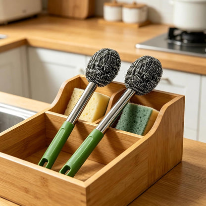 2PCS Steel Wool Scrubber with Handle Rustproof, Cast Iron Scrubber, Stubborn Messes Pot Brush, Remove Dirt for Cleaning Stoves,Sinks Dishes Grills Bowls & Metal Wire Sponge for Kitchens