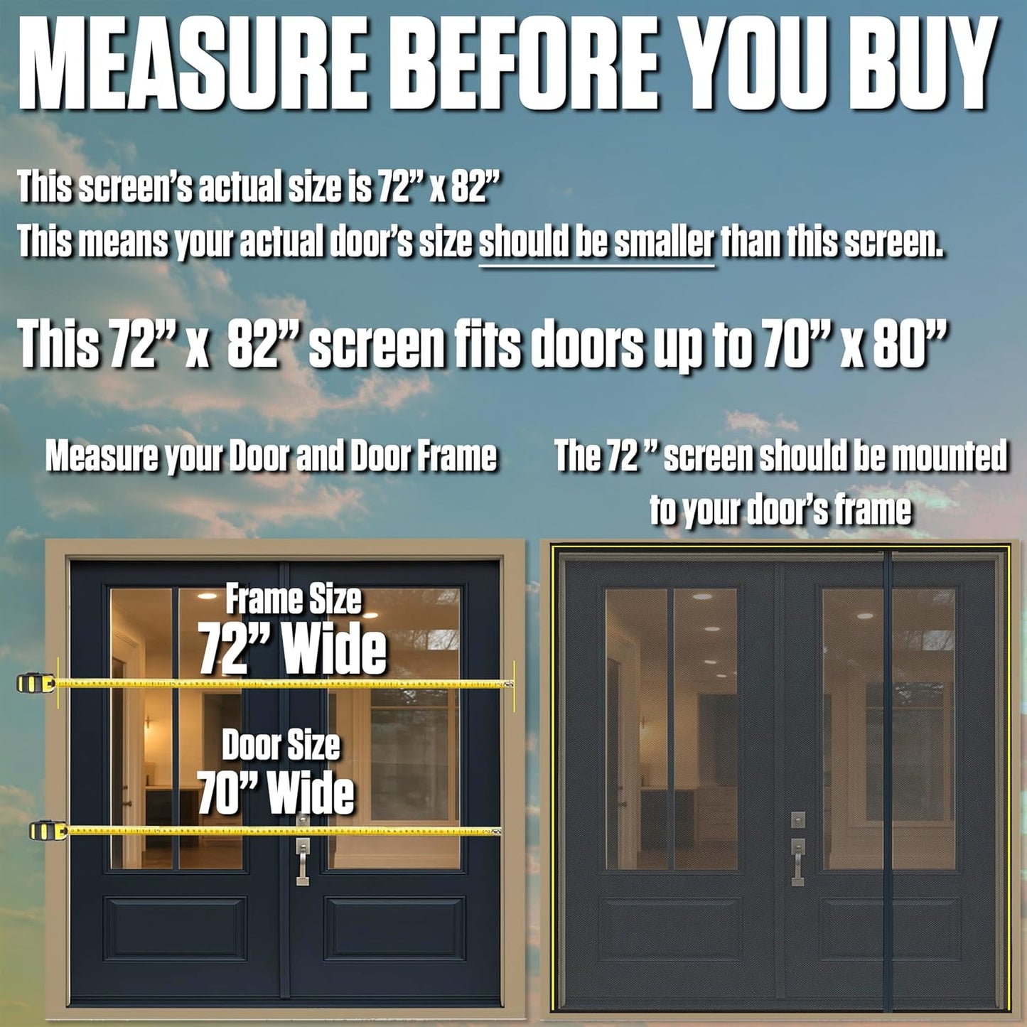 Fenestrelle Magnetic Screen Door for French & Sliding Door – Heavy Duty, Hands Free Fiberglass Mesh with Self Closing Magnetic Seal, White Trim – Fits 70" x 80" Doors (Screen Size 72" x 82")