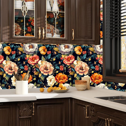 BOKEBEVE Watercolour Floral Peel and Stick Wallpaper Boho Vibrant Contact Paper Renter Friendly Wall Paper for Countertop Cabinet Wall Shelf Liner Removable Blue Colorful 17.5 x 118In