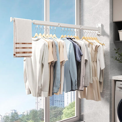 Wall Mounted Tri-Fold Clothes Drying Rack, Heavy Duty Collapsible Laundry Drying Rack, Space-Saving Retractable Foldable Drying Rack Clothes for Laundry Room Balcony Bathroom,Black-Hooks