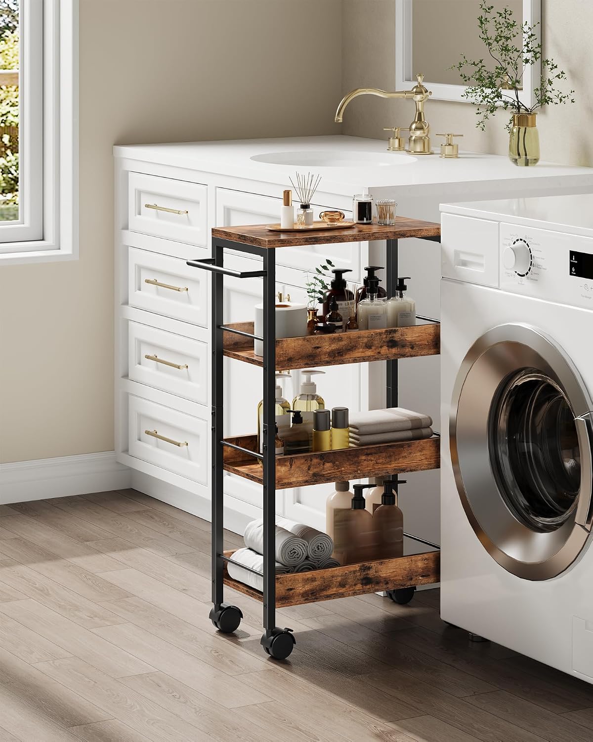 CHOEZON 4-Tier Slim Storage Cart, 5.1'' Kitchen Serving Trolley, Slim Rolling Cart with Handle and Guard Rails, Slim Cabinet for Small Spaces, for Dining Room, Rustic Brown and Black TTC01BF