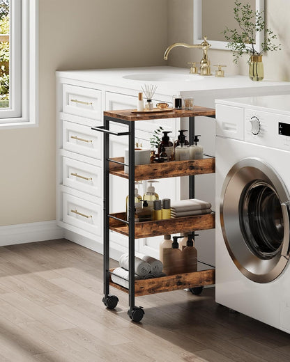 CHOEZON 4-Tier Slim Storage Cart, 5.1'' Kitchen Serving Trolley, Slim Rolling Cart with Handle and Guard Rails, Slim Cabinet for Small Spaces, for Dining Room, Rustic Brown and Black TTC01BF