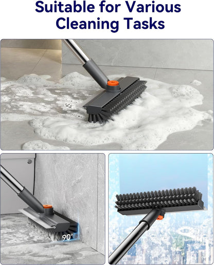 Small Floor Scrub Brush with Length Adjustable Long Handle, 3 in 1 Heavy-Duty Stiff Bristle Scrubber Brush with Squeegee and Tweezer for Cleaning Bathroom, Tile, Deck, Patio, Garage and Kitchen