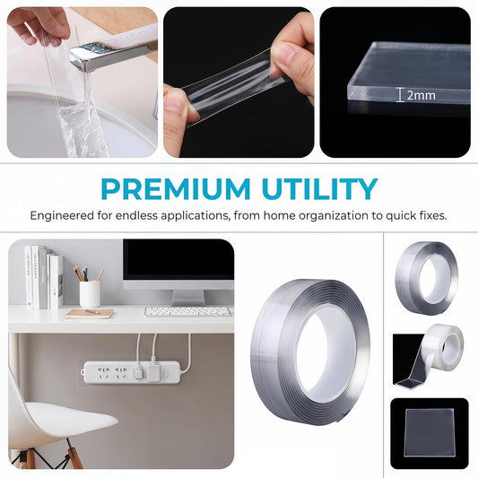 Double Sided Tape Heavy Duty, Nano Adhesive(2 Rolls, Total 19.7FT) | Multipurpose Removable Washable Reusable, Residue Free Clear Mounting Strips, Strong Adhesive for Picture Hanging No Trace