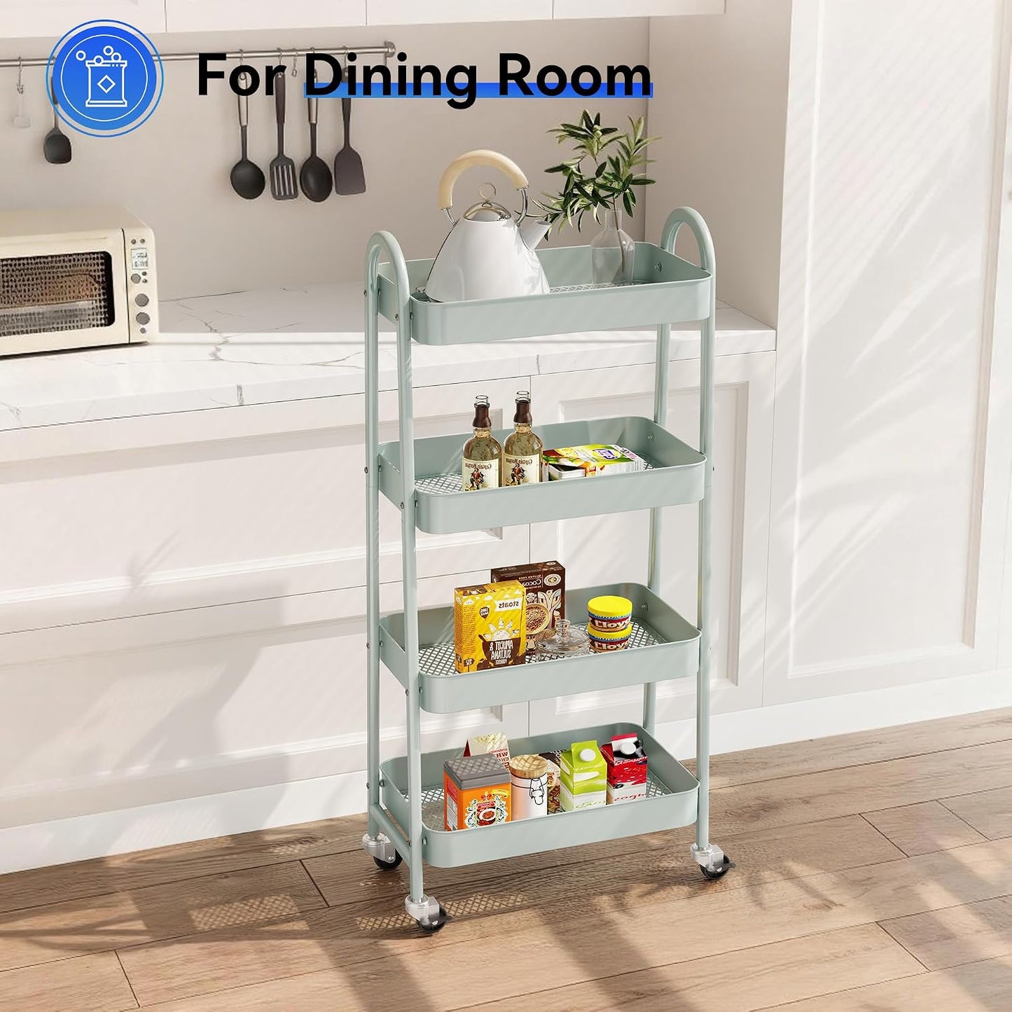 NEWBULIG 3-Tier Rolling Storage Cart, Metal Mobile Utility Organizer Shelf with Lockable Wheels, Space-Saving Freestanding Storage for Bathroom Living Room and Narrow Corner Spaces, Green