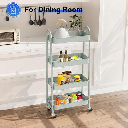 NEWBULIG 3-Tier Rolling Storage Cart, Metal Mobile Utility Organizer Shelf with Lockable Wheels, Space-Saving Freestanding Storage for Bathroom Living Room and Narrow Corner Spaces, Green