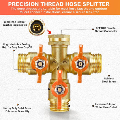 Garden Hose Splitter 3/4" GHT Full Flow 2 Way Brass Hose Splitter Heavy Duty All Metal Hose Y Splitter with Shutoff Outdoor Faucet Water Hose Splitter Y Valve Tap Adapter for Outdoor Garden