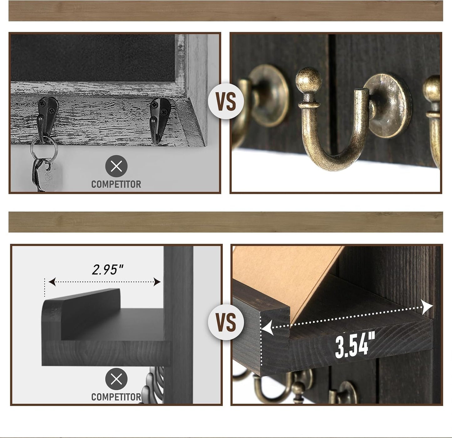 Rebee Vision Decorative Key Holder Wall Mount - Rustic Key Holder for Wall with Shelf and Mail Organizer for Living Room Decor - Home Essentials for Home Improvement (Brown, 3.54" x 10" x 7.28")
