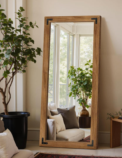 TRAHOME Full Length Mirror with Wooden Frame, 56"X22" Solid Wood Standing Floor Mirror for Farmhouse, Bathroom, Bedroom Decor, Hanging or Leaning Wall-Mounted