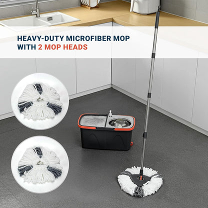 360° Rotating Spin Mop and Foldable Bucket Set, Dual Clean & Dirty Water System, Hands-Free Easy Spin Wringing, Heavy-Duty Microfiber Mop with 2 Mop Heads for All Floor Types (TWINS - LV-A03-1)