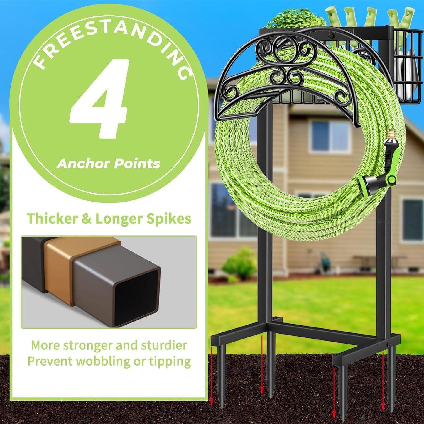TomCare Garden Hose Holder Upgraded Water Hose Holder Heavy Duty 4 Spikes Hose Hanger Holds 160 Feet Hoses Stable Freestanding Hose Storage Organizer for Outside Yard