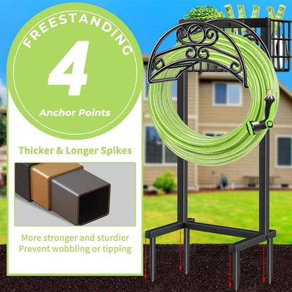 TomCare Garden Hose Holder Upgraded Water Hose Holder Heavy Duty 4 Spikes Hose Hanger Holds 160 Feet Hoses Stable Freestanding Hose Storage Organizer for Outside Yard