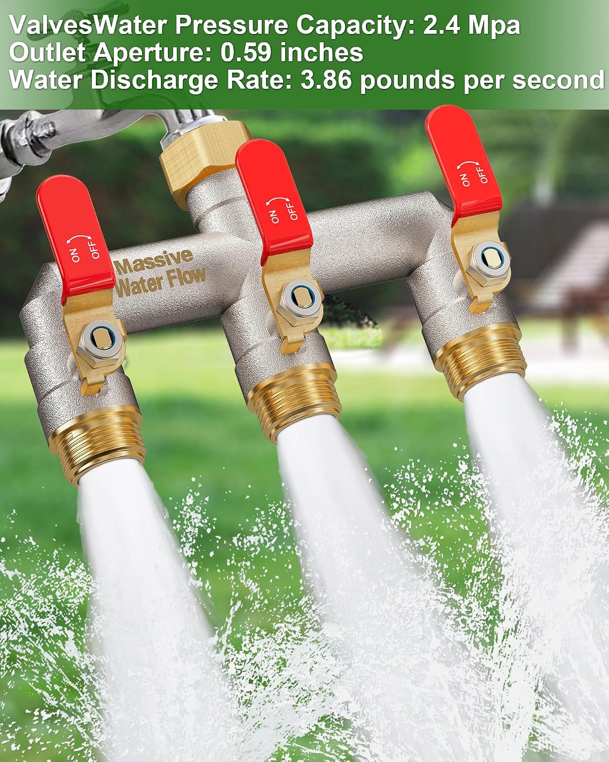 Garden Hose Splitter 3 Way Heavy Duty Brass Nickel Plated Hose Splitter with Large Handle, Full Flow Water Hose Spigot Splitter with Shutoff Valve, T Adapter Connector, 3/4 - Inch GHT Thread（Green）