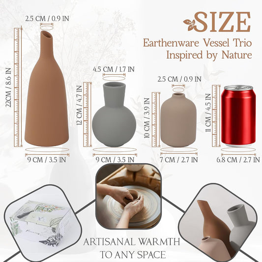 Ceramic Vase Home Table Decor, Rustic Farmhouse Decor, Small Vases Set of 3 for Table Bookshelf Mantel Kitchen Living Room Office Vintage Aesthetic Decorative (Desert Color Palette)