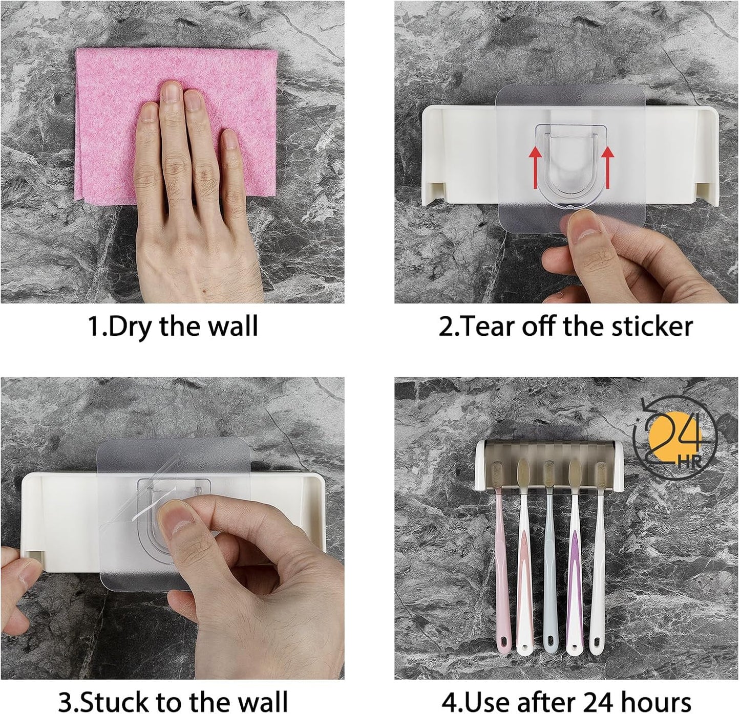 5 Slots Wall Mount Toothbrush Holder with Cover, Self Adhesive Toothbrush Storage Organizer for Shower, Toothbrush Hanger with Automatic Toothpaste Squeezer Dispenser