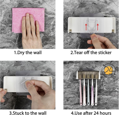 5 Slots Wall Mount Toothbrush Holder with Cover, Self Adhesive Toothbrush Storage Organizer for Shower, Toothbrush Hanger with Automatic Toothpaste Squeezer Dispenser