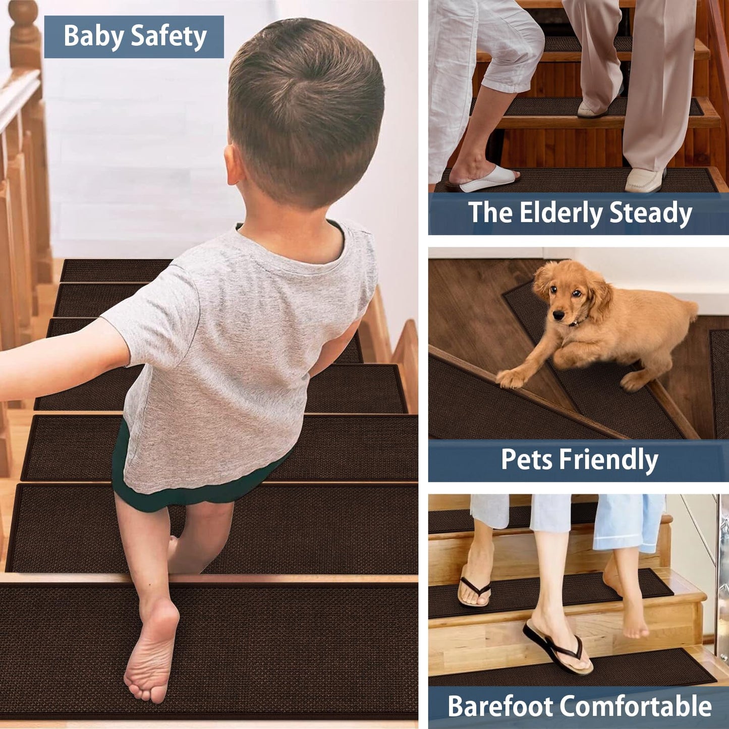 Peel and Stick Carpet Stair Treads for Wooden Steps Set of 15, Non Slip Adhesive Jute Stair Mats Indoor, Rubber Backing Safety Step Pads Mats, Grey, 8"x30"