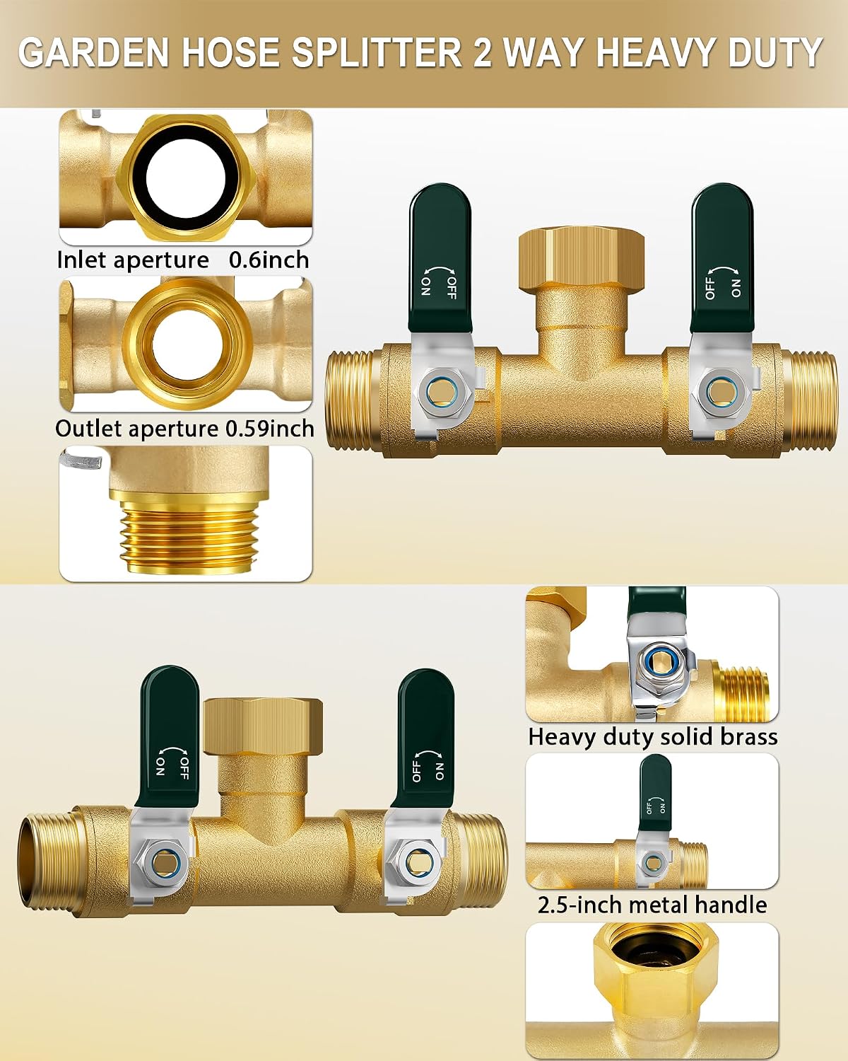 EBH Garden Hose Splitter 2 Way, Heavy Duty Solid Brass Hose Splitter with Shutoff Valves, Water Spigot Splitter With 304 Stainless Steel Handle, Full Flow Outdoor Faucet Splitter, 3/4" GHT Thread