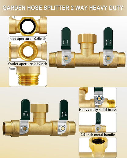 EBH Garden Hose Splitter 2 Way, Heavy Duty Solid Brass Hose Splitter with Shutoff Valves, Water Spigot Splitter With 304 Stainless Steel Handle, Full Flow Outdoor Faucet Splitter, 3/4" GHT Thread