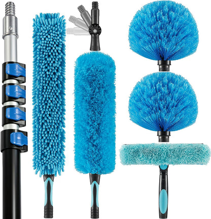 20 Foot High Ceiling Fan Duster with 5-12ft Extension Pole, Extendable Reusable Cobweb, Feather, Window Cleaning Squeegee Kit