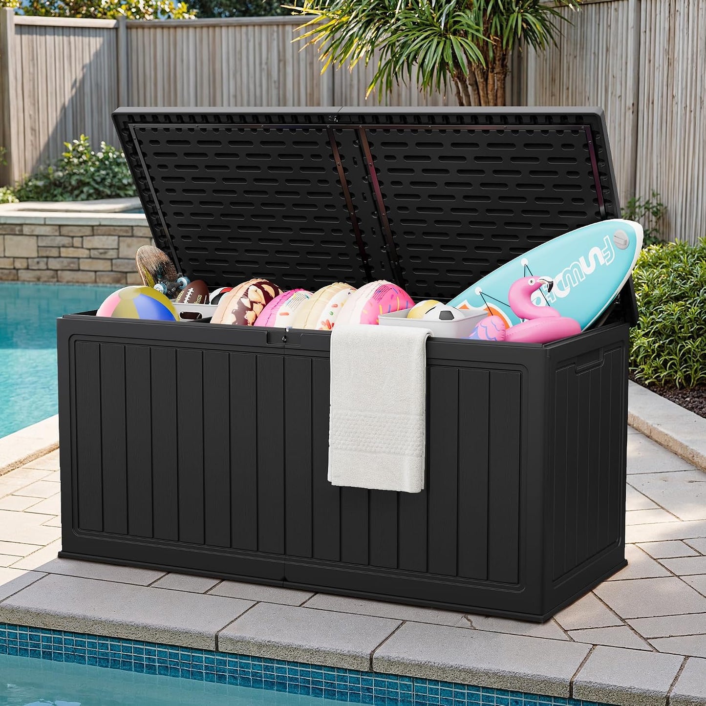 JUMMICO 31 Gallon Resin Deck Box Waterproof Indoor Outdoor Storage Boxes for Patio Furniture Cushions and Garden Tools (Brown)