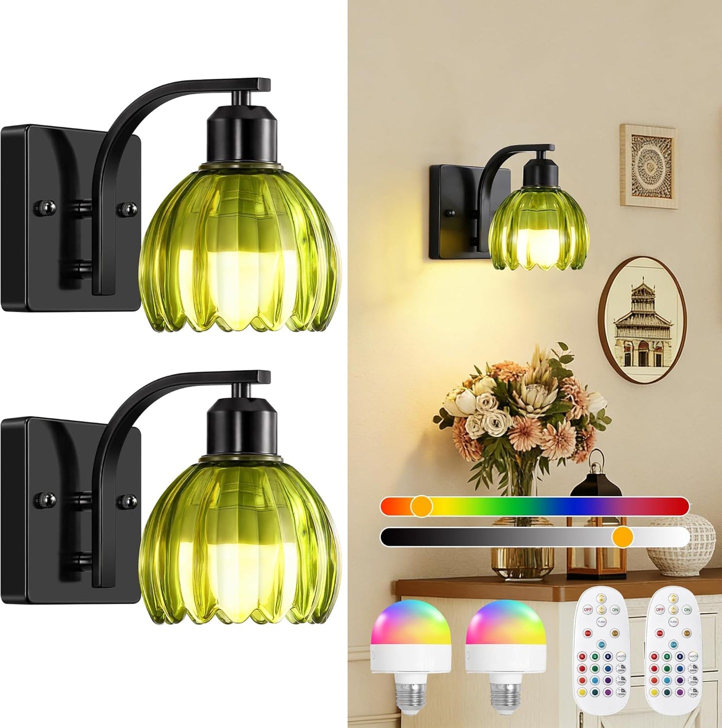Rechargeable Battery Operated Wall Sconce Set of 2, Wireless Battery Powered Gold Wall Lamps with Green Tulip Glass, Vintage Dimmable Wall Lights with Remote Control for Bedroom Living Room