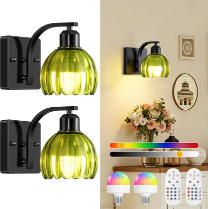 Rechargeable Battery Operated Wall Sconce Set of 2, Wireless Battery Powered Gold Wall Lamps with Green Tulip Glass, Vintage Dimmable Wall Lights with Remote Control for Bedroom Living Room