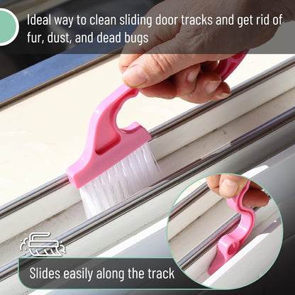Slick- Window Track Cleaning Brush, 2 Pack, Blue Ergonomic Handle | Built-in Scraper, Multipurpose Window Track Cleaning Tool for Sliding Doors, Windows, Corners, Dust, Dirt & Narrow Gaps