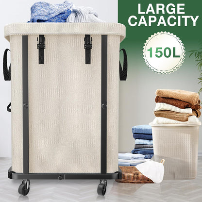 60 Gal(230L) Laundry Basket with Lid, Rolling Laundry Hamper with Wheels, Dirty Clothes Hamper with Metal Frame and Removable Bag Design, Suitable for Laundry Room, Bedroom (Black, 3 Section 230L)