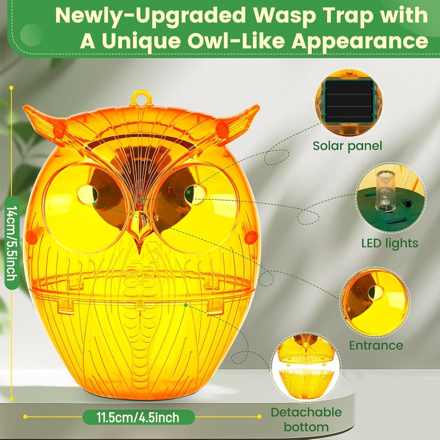 Solar Wasp Trap, Owl-Shaped Outdoor Hanging Bee Catcher with Solar LED Light, Non-Toxic Reusable Trap for Wasps, Hornets & Yellow Jackets, 2 Pack - Orange, Ideal for Gardens & Yards