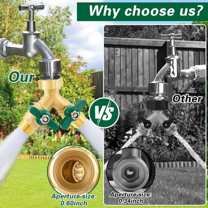 Heavy Duty Garden Hose Splitter 2 Way, Brass Full Flow Y Hose Splitter with Thickened Easy-Turn Handle, 3/4" GHT Outdoor Faucet Connector with Shut-Off Valves