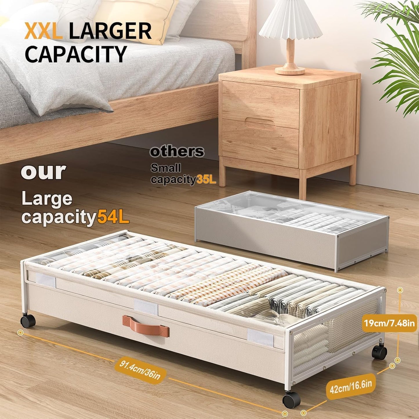 Under Bed Storage Containers with Wheels Large Underbed Shoes Blankets Clothes Toy Storage Drawers for College Dorms Bedrooms Nursery Rooms Organization (Black 2 Pack, 7.5in height(36"x16.6"x7.48"))
