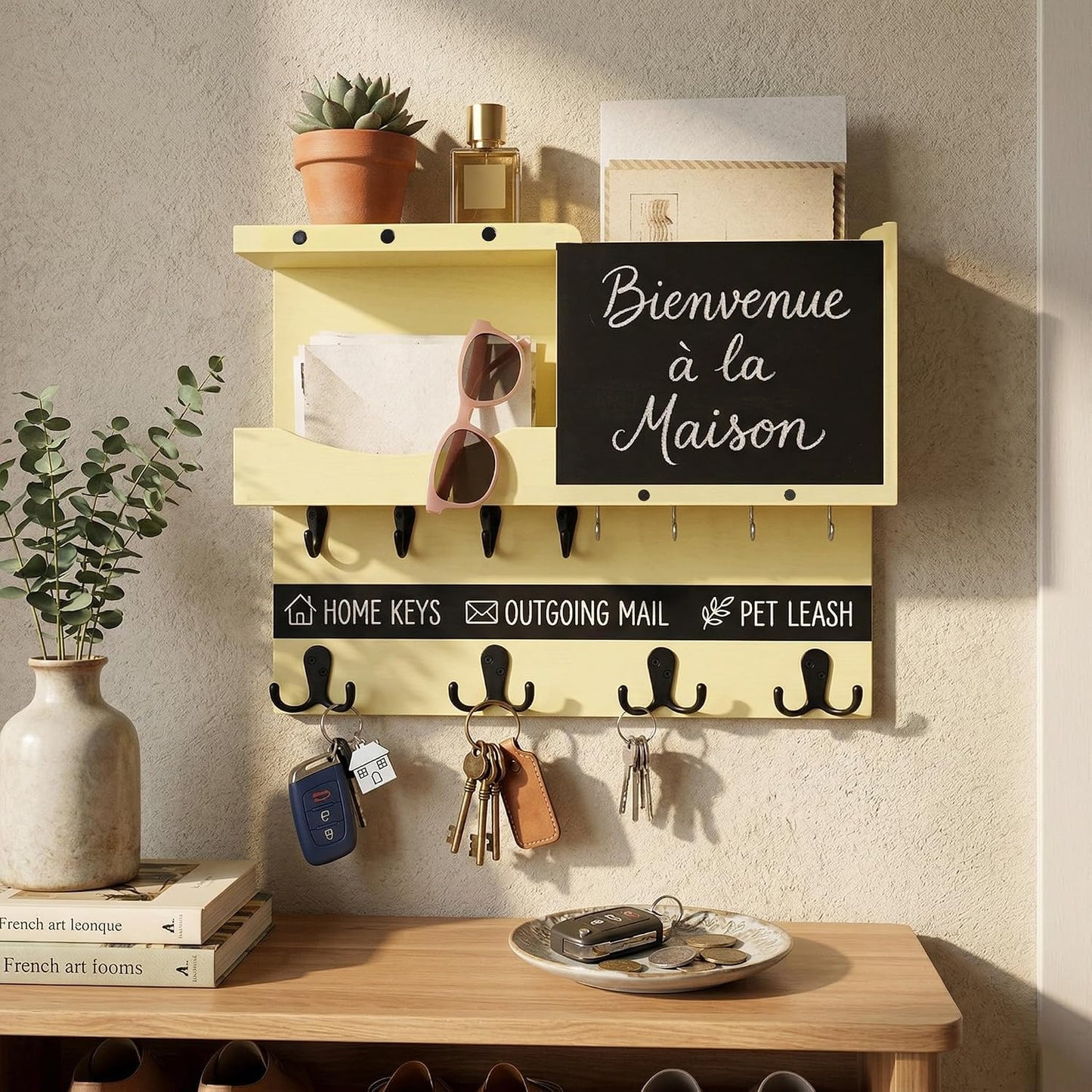 Key Holder for Wall Mount with Shelf and Mail Organizer, Key and Mail Holder with 16 Hooks, Farmhouse Entryway Organizer, Home Decor Rack (Pine Wood, Black)