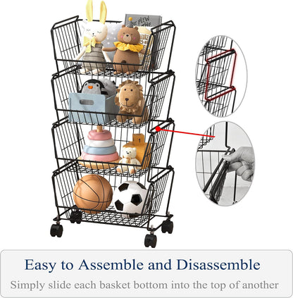 PUSDON 6-Tier Tall Stackable Wire Storage Baskets with Wheels, Vertical Metal Rolling Utility Cart, High Capacity Produce Basket for Kitchen Pantry, Snack Organizer, Matte Black