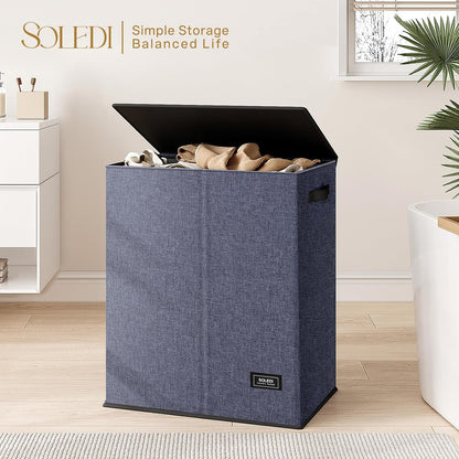 SOLEDI Luxury Double Laundry Hamper with Lid and Removable Bags, 38.3 Gal Large Laundry Bin, Laundry Basket 2 Sections, Collapsible Clothes Hamper for Bedroom, Laundry Room, Bathroom, Off-white