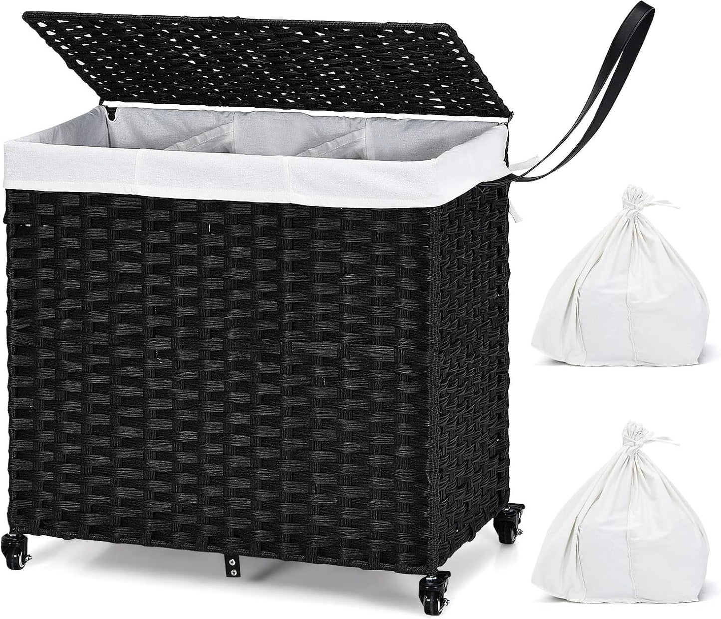 GOFLAME Laundry Hamper with Lid and Wheels, 125L Hand Woven Rattan Laundry Basket with 3 Divided Sections, Handles, 2 Removable and Washable Liner Bags, Dirty Clothes Hamper for Bedroom (Natural)