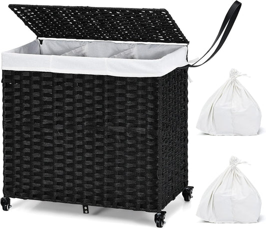 GOFLAME Laundry Hamper with Lid and Wheels, 125L Hand Woven Rattan Laundry Basket with 3 Divided Sections, Handles, 2 Removable and Washable Liner Bags, Dirty Clothes Hamper for Bedroom (Natural)