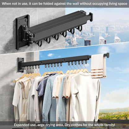 Wall Mounted Tri-Fold Clothes Drying Rack, Heavy Duty Collapsible Laundry Drying Rack, Space-Saving Retractable Foldable Drying Rack Clothes for Laundry Room Balcony Bathroom,Black-Hooks