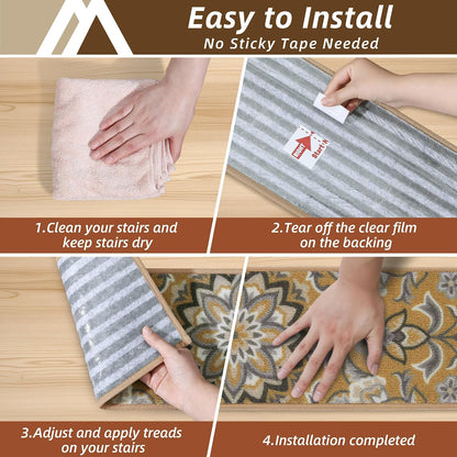 COSY HOMEER Stair Treads for Wooden Steps Non Slip Washable 8" X 30" 4pcs | Self Adhesive,Peel and Stick,Soft Carpet Stair Treads for Kids,Elder,Pet,Residue Free,Reusable Stair Runner,Multi-Surface Use