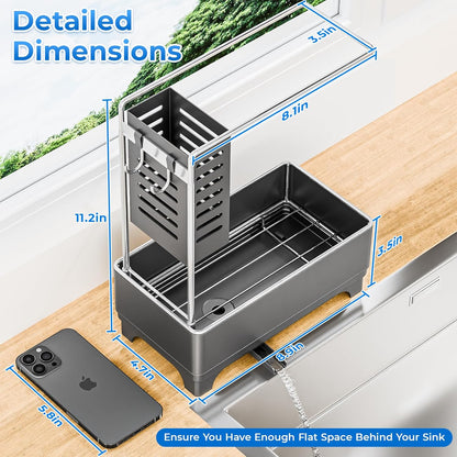 Kitchen Sink Caddy with Stainless Steel Towel Holder, Handy Sponge Holder for Kitchen Sink with Extending Drain Spout, No-Tool Assembly Space Saver for sink Countertop Accessories(Gray)