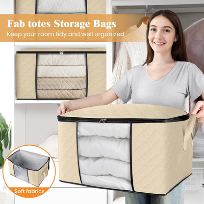 Fab totes 6 Pack Storage Bags for Clothes and Blanket, Foldable Closet Organizers and Storage with Zippers, Clear Window and Handles, Fabric Storage Bins for Sweater, Comforter, Bedding,Linen Sheets