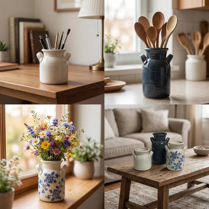 Ceramic Vase Set of 3 with Handles, Green White Neutral Rustic Modern Farmhouse Boho Decor, Versatile as Table Centerpiece or Mantel & Shelf Accent - Unique Home Gift Idea