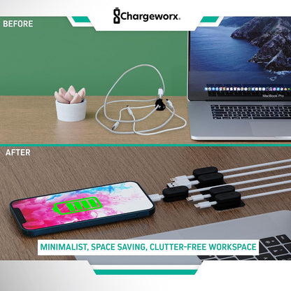 Chargeworx Magnetic Cable Clips - Cord Holder Organizer, No Drill Self-Adhesive Base, Cable Organizer, Repositionable Magnetic Clips, 5-Pack, USB-C Lightning Micro-USB, Desk Nightstand Wall Car, Black