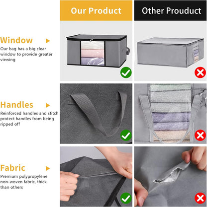 3 Pack Storage Bags, 45L Foldable Clothes Storage Bins with Lids, Closet Organizers Blanket Storage Bags with Zippers Clear Window Sturdy Handles for Clothing Bedding Comforter Sweater Pillows (Gray)