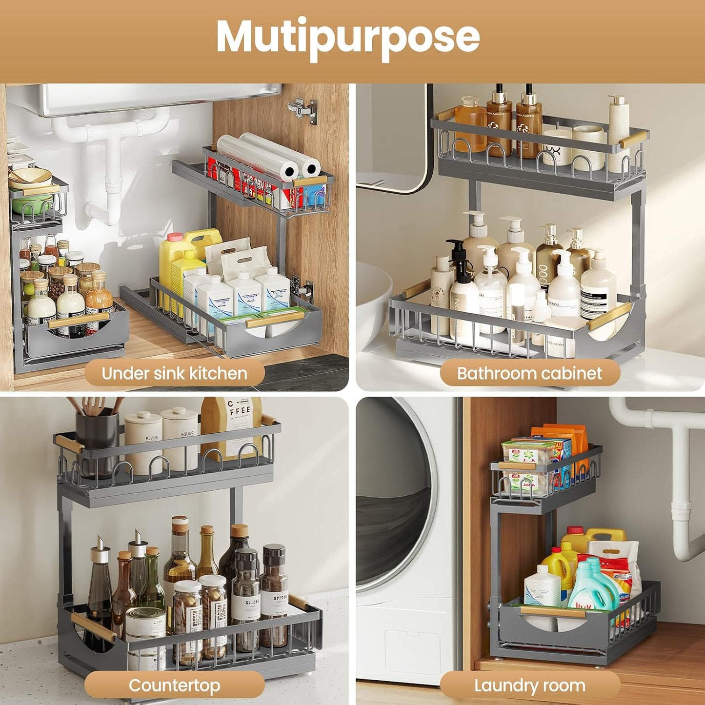 Under Sink Organizer and Storage for Bathroom and Kitchen - 2 Pack 3 Tier Under Cabinet Pull Out Shelf Organizers - Slide Out Drawer Organization for Home Cabinets Shelves and Drawers
