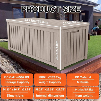 200 Gallon Resin Deck Box, Waterproof Outdoor Storage Bin for Patio Furniture, Pool Accessories, and Garden Tools, Lockable & UV-Resistant, Grey